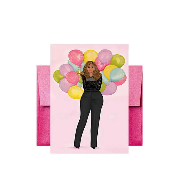 Birthday greeting card with illustration of Black, African American or multicultural woman holding colorful balloons and a pink envelope