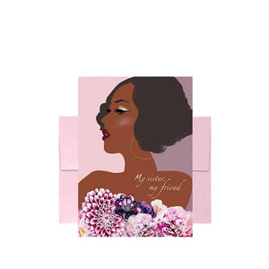 Birthday greeting card with illustration of Black, African American or multicultural woman and the text 'My sister, my friend' and a pink envelope