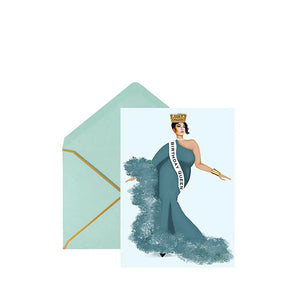 Birthday greeting card with illustration of a woman wearing a crown and sash that reads 'Birthday Queen' and an envelope