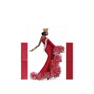 Birthday greeting card with illustration of a Black, African American woman wearing a crown and sash that reads 'Birthday Queen' and an red envelope