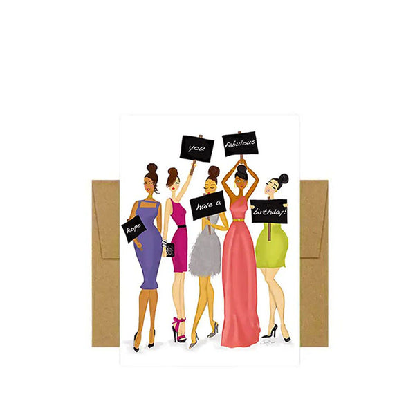 Birthday greeting card with illustration of multicultural women holding signs that read 'hope you have a fabulous birthday!' and an envelope