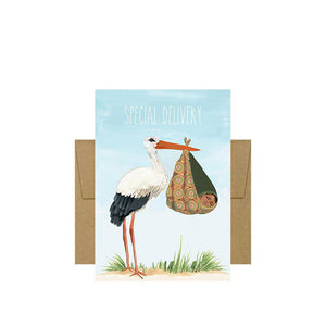Greeting card featuring illustration of a stork carrying a baby in front of envelope